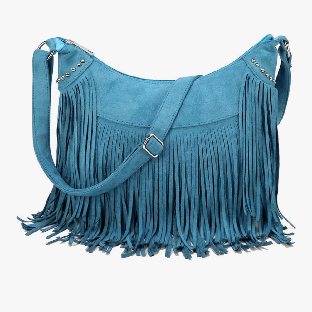 Fringe Faux Suede Crossbody Bag in Teal